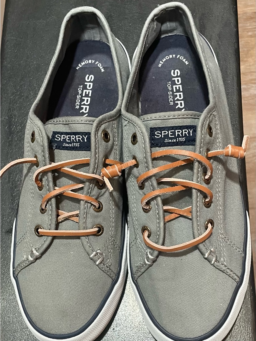 Sperry Grey Canvas Boat Shoes with Tan Leather Laces